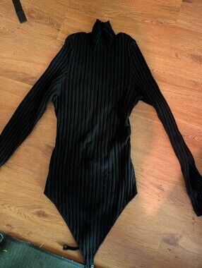 Quince Black Ribbed Long-Sleeve Mock Neck Bodysuit